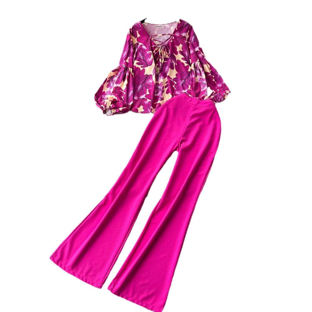 Feng Yujie Fashion Set Womens Spring/summer Lantern Sleeves Loose Shirt+draping Slim Fit Long Pants Novelty Bifurcated Temperament Self-cultivation La