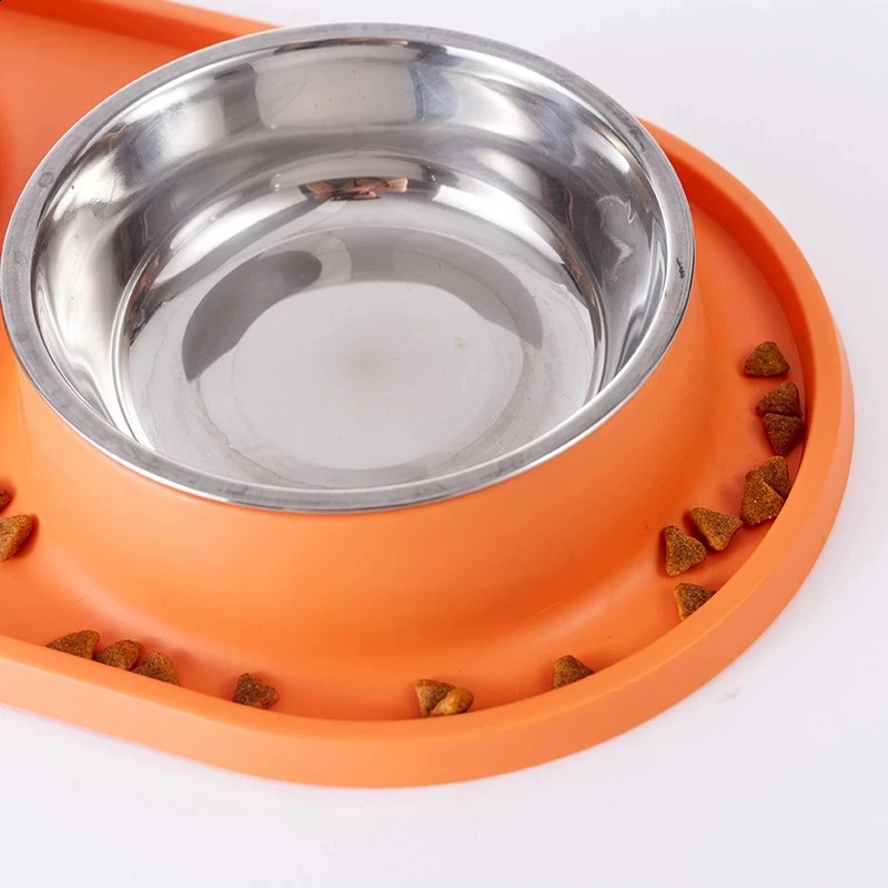 Dog Cat Double Bowl Pet Food Feeder Water Drinking Dispenser With Silicone Pad Stainless Steel Anti Clogging And Slip Basin