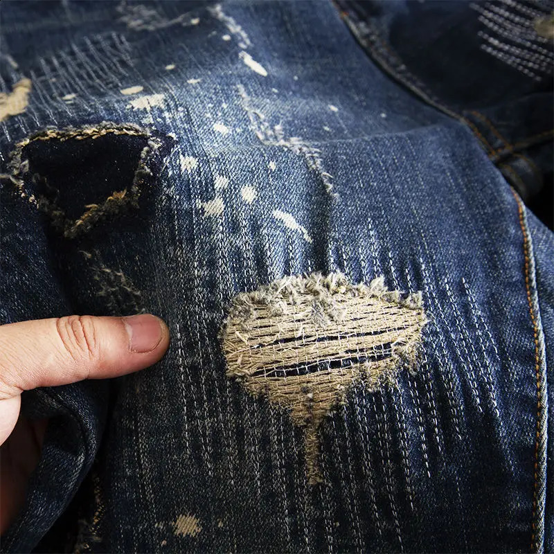 Jeans for Men Cropped Ripped Tapered Male Cowboy Pants with Holes Trousers Broken Torn 90s Streetwear Clothes Y2k 2000s Casual 240717