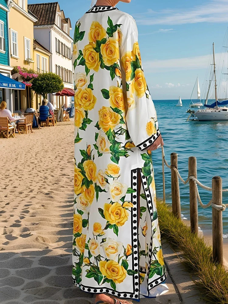 spring ladies printed polka dot temperament split long-sleeved loose dress Bohemian holiday gown skirt 240723