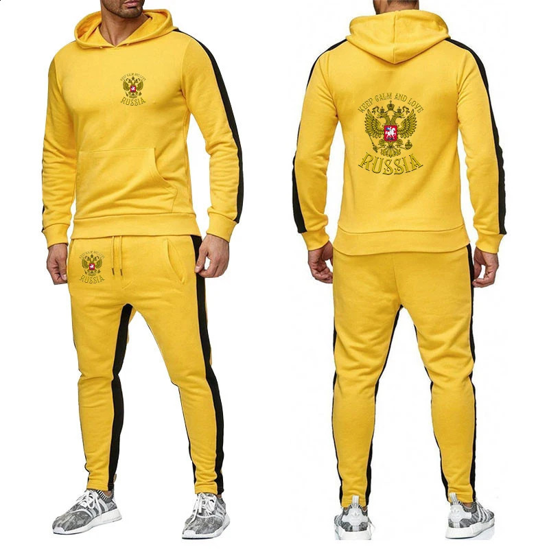 Men Printing Russia Badge Autumn and Winter Solid Color Hoodie Pants Twopiece Fashion Casual Sports Set 240722