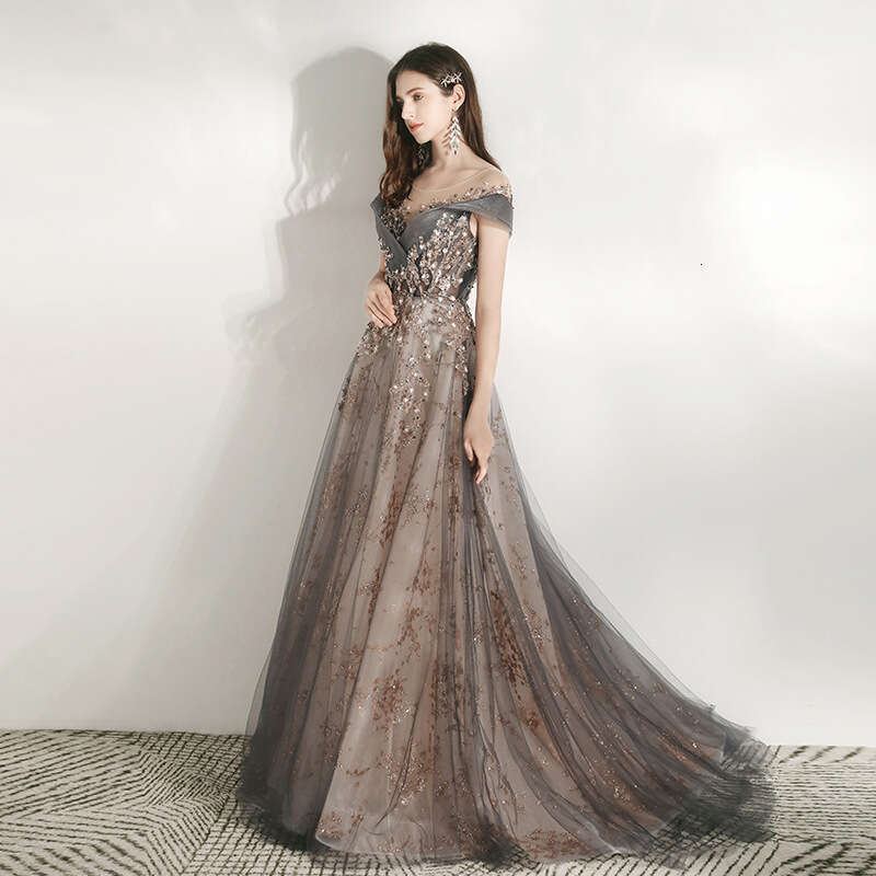 Banquet Elegant Evening Dresses Petals and Leaf Patterns Sequin Round Neck Slim Long Dress Off The Shoulder Prom Robe