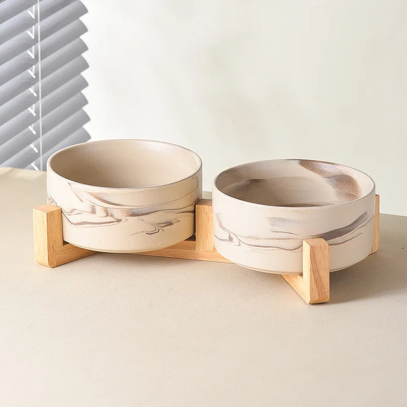 Marbling Ceramic Cat and Dog Bowl Medium Large Dog Feeding and Feeding Double Bowl with Wooden Rack Pet Puppy Accessories 240722