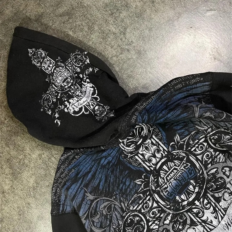Woman Hoodie Y2K Cyber Grunge Emo Zip Up Sweatshirts Vintage Graphics Print Kpop Aesthetic Gothic Clothes for Women 240722