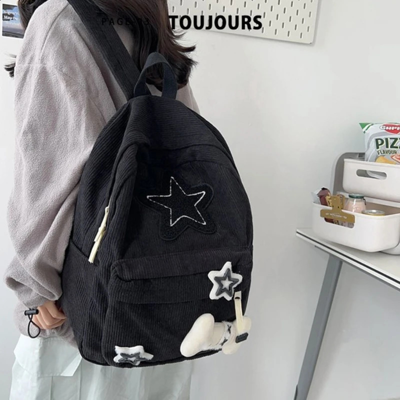 Cute Y2K Aesthetic Backpack Stars Pattern Preppy Rucksack College Student Computer Backpack Corduroy Bookbag for 240921