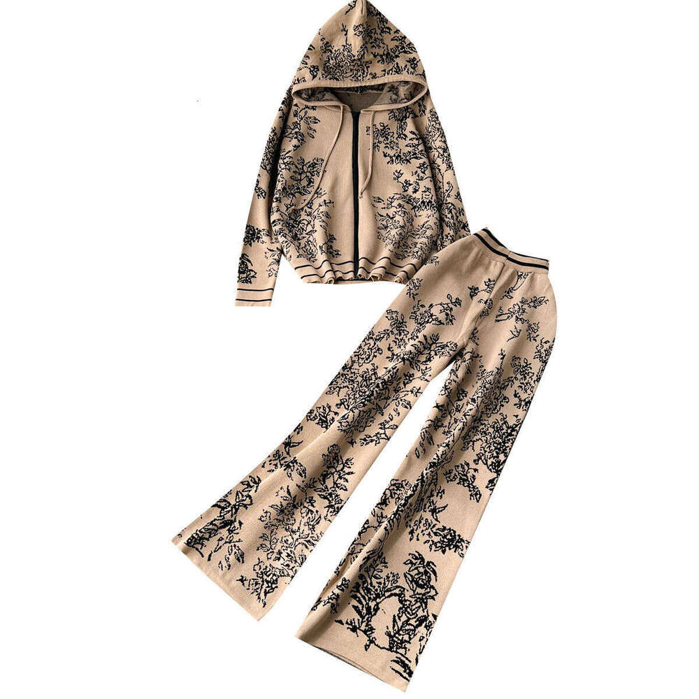 Leisure, Fashionable, Sports, Age Reducing Knitted Two-piece Set for Womens High-end Printed Hooded Sweater with High Waist and Wide Leg Pants BOHO DR