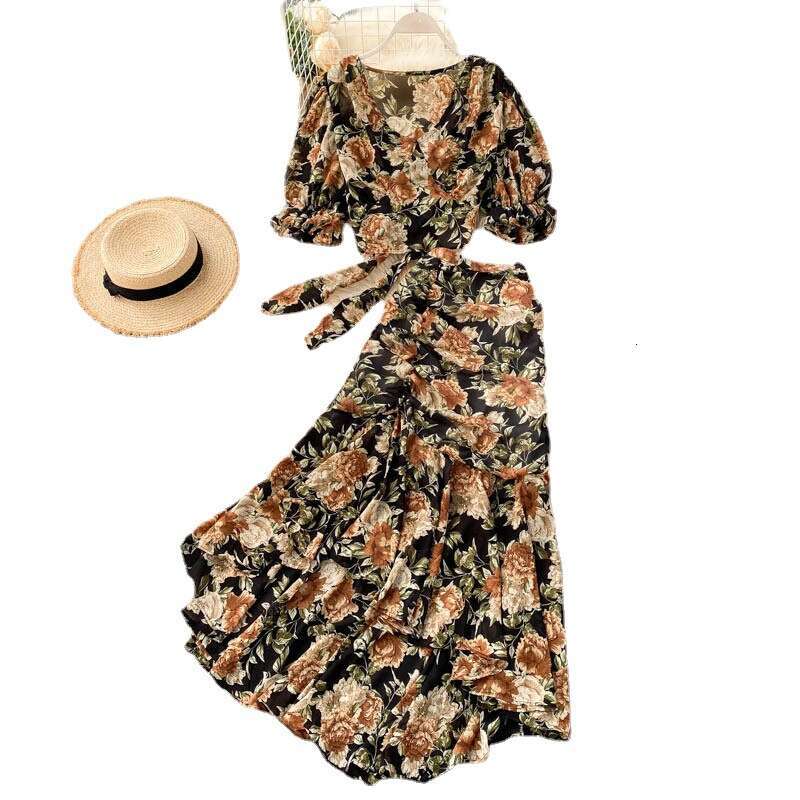 Vacation Style Two-piece Set, New Womens Short Strap Chiffon Shirt, Sexy and Feminine Fishtail Skirt Autumn Dress Women Short Temperament Novelty Deni