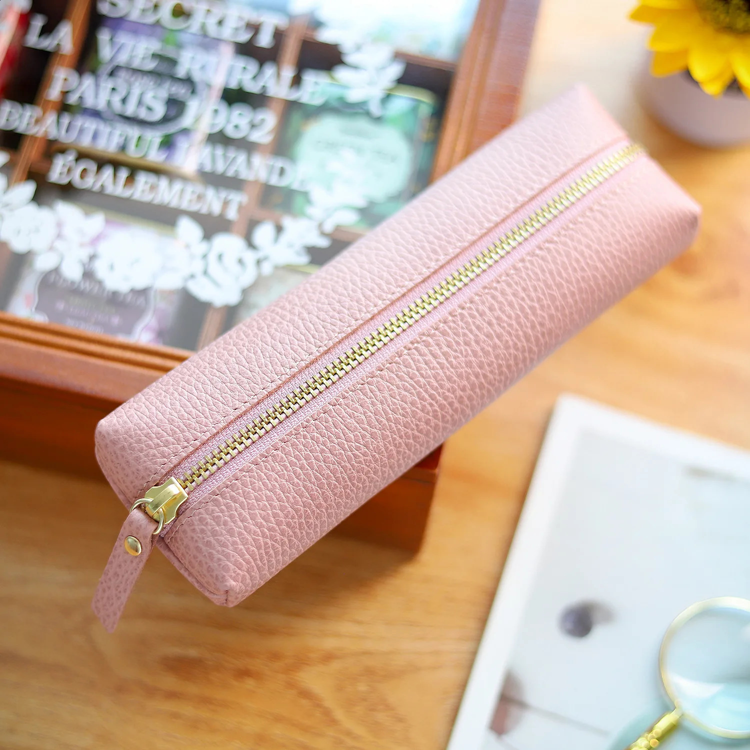 Monogrammed Letters Genuine Pebble Leather Zipper Pen Box Pencil Bag Large Capacity Handmade Creative School Stationery 240723