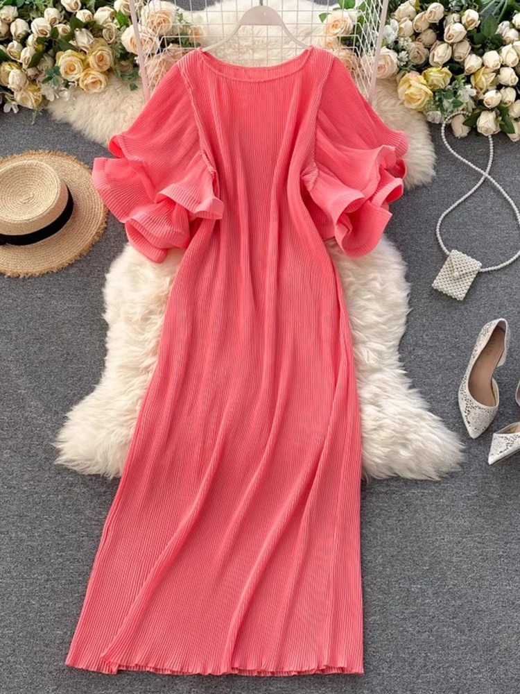GVUW Pleated Ruffles Short Sleeve Dress Women Round Colalr A Line Solid Color Medium Long Lady Spring Clothing 17G4860 240723
