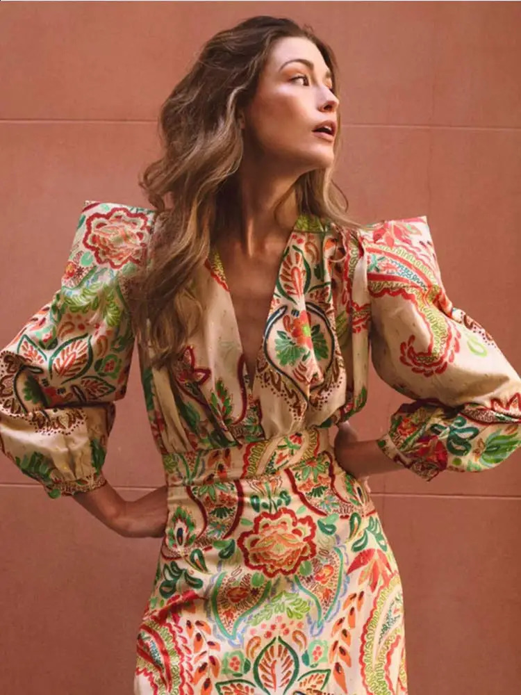Casual V Neck Flower Printed Pleated Slim Maxi Dresses Elegant Lantern Long Sleeve High Waist Dress Lady Vacation Vestidos 240723