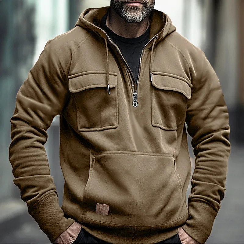Half zip mens tactical hoodie solid warm wool military sports sweater with multiple pockets thick outdoor extreme 240819
