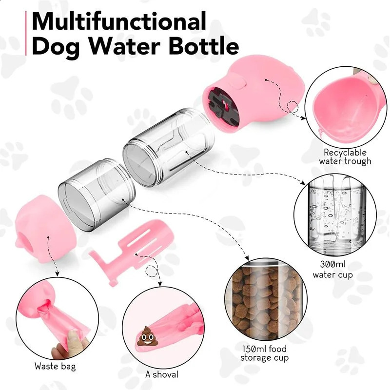 3 In 1 Portable Pet Water Bottle Food Feeder Drinker Poop Dispenser Multifunctional Drinking Cup Bowls For Dogs Outdoor Travel