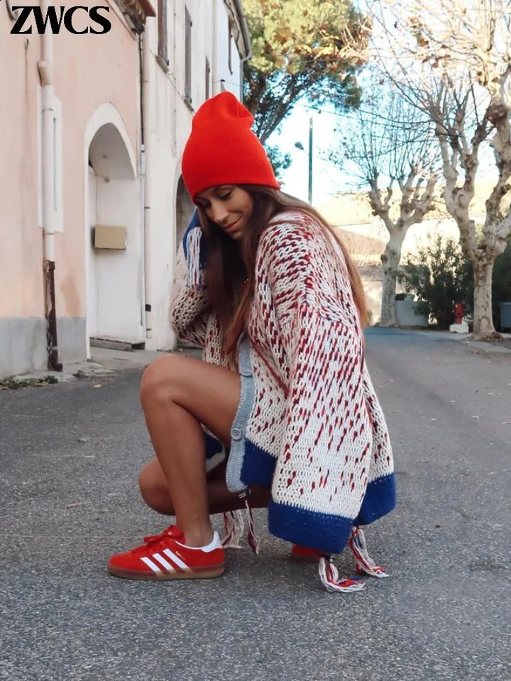 Knitted Tassel Contrast Color Cardigans Women Single Breasted V-neck Loose Sweater Spring Fashion Ladies Casual Knitwear 240717