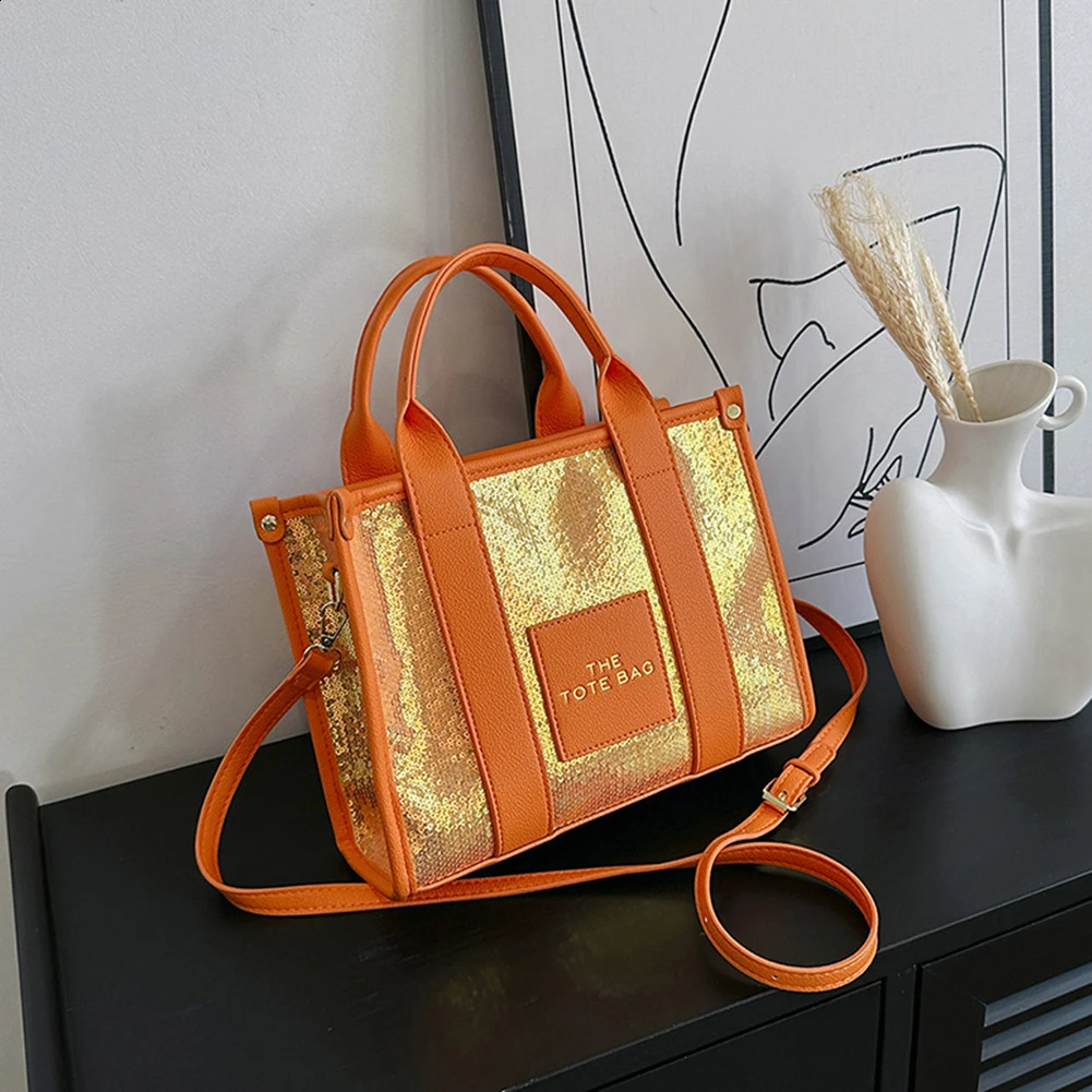 Womens shoulder bag PU leather sequin top handbag casual fashion shiny portable adjustable strap shopping 241008