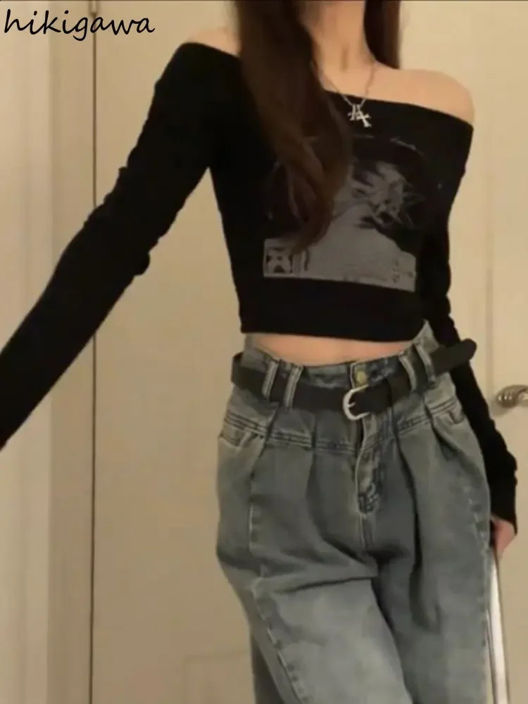 Black Woman Tshirts Slash Neck Long Sleeve Print Tees Ropa Mujer Harajuku Sexy Crop Tops Fashion Korean Casual Y2k T Shirt 240717