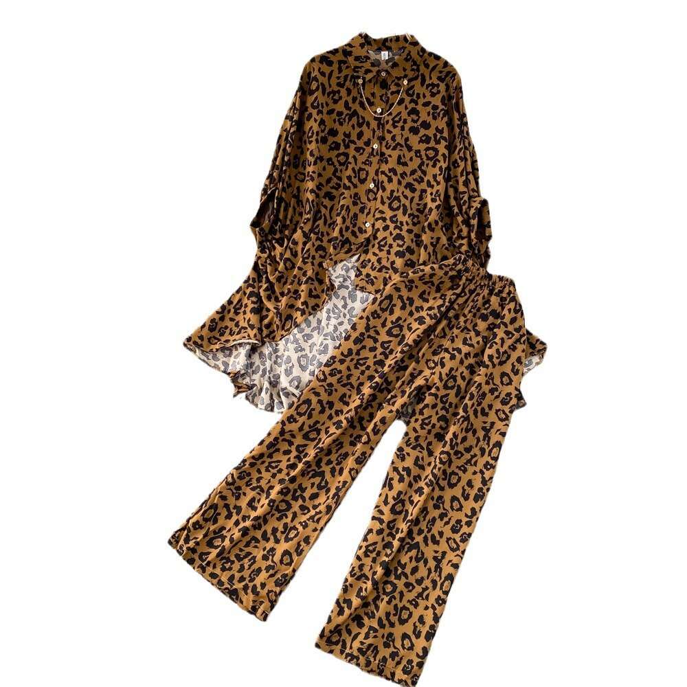 Fashion Womens Bat Sleeve Loose Irregular Single Breasted Leopard Print Shirt Two-piece Set High Waisted Wide Leg Pants Bifurcated Sexy Waist Short BO