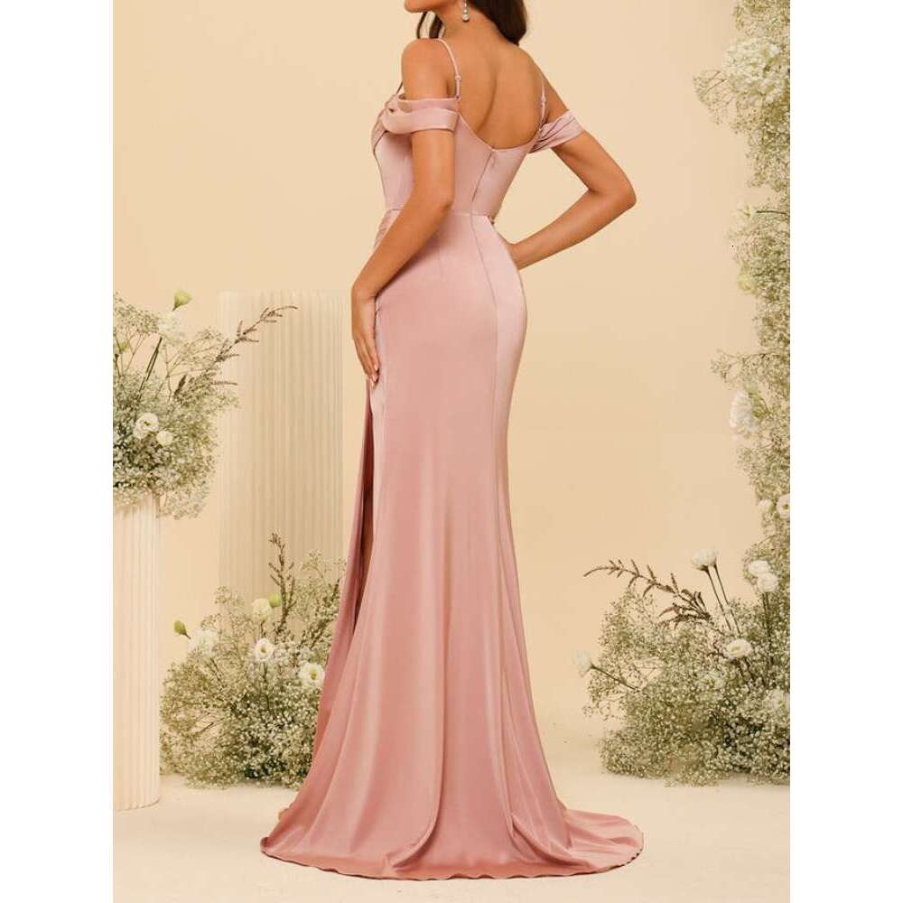 Satin Spaghetti Straps Long Bridesmaid Dresses Off-The-Shoulder Split Side & Ruched Evening Gowns Elegant Backless Party Dress