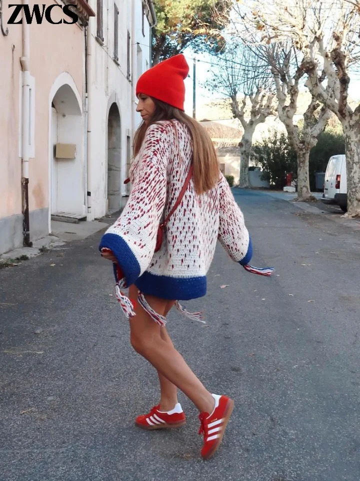 Knitted Tassel Contrast Color Cardigans Women Single Breasted V-neck Loose Sweater Spring Fashion Ladies Casual Knitwear 240717