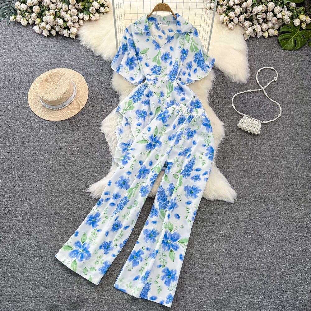 Short Sleeved Loose Single Breasted Tie Up Waist Cinching Printed Shirt Two-piece High Waisted Wide Leg Pants Fashion Set for Women Sexy Loose Denim D