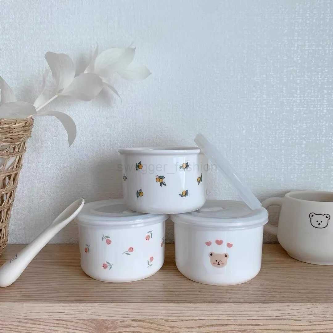 Baby food supplement ceramic bowl Cute baby eating ceramic bowl Fresh-keeping sealed childrens feeding tablewareB270723