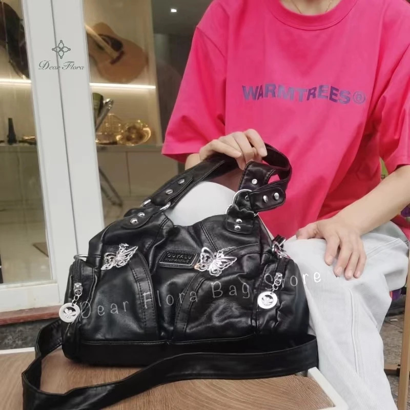 Y2K Womens Vintage Motorcycle Shoulder Bags Fashion Street Gothic Style Underarm Bag Advanced Large Capacity Tote Handbags 240724