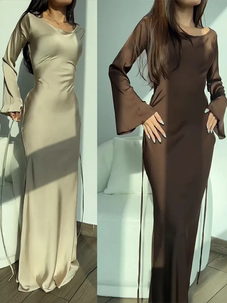 Simple Round Neck Satin Womens Long Robes Flare Sleeve Lace Up Slim Maxi Dress Lady Evening Party Dresses 240712