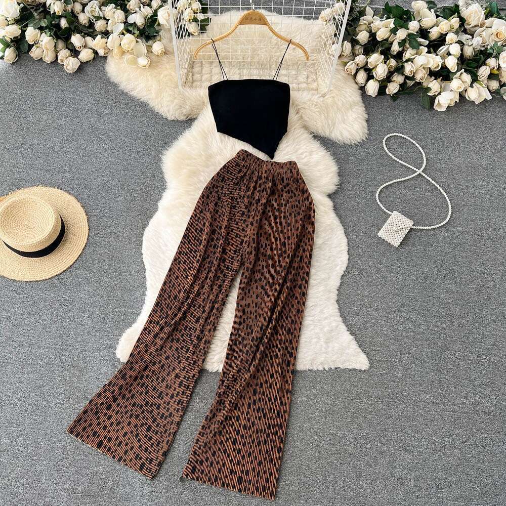 Spicy Girl Two Piece Set of Womens Style Bra and Strap Short Knitted Top Printed High Waist Wide Leg Pants Sexy Dress Bifurcated Novelty Pregnant Wome