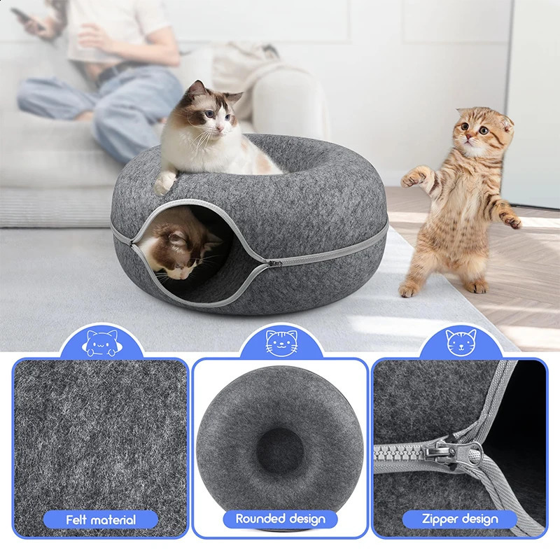 Donut Felt Cat Nest Fun Interactive Toy Tunnel Spliceable Kitten Sports Equipment Training House Semi-enclosed And Detachable