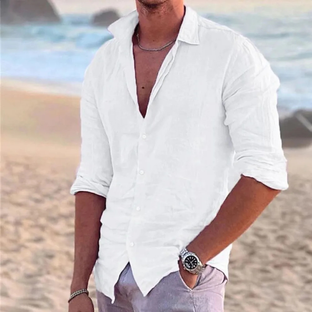 2024 Mens Shirt Cotton linen Fashion Casual Polo Neck Beach Shirt Long Sleeve Solid Hawaiian Holiday Shirts 240808