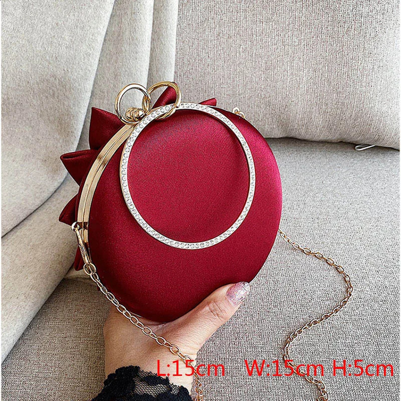 Red Flower Clutch Wallet Womens Round Evening Bag Crystal Diamond Wedding Silk Handbag Exquisite Chain Shoulder FTB154 240723Zl