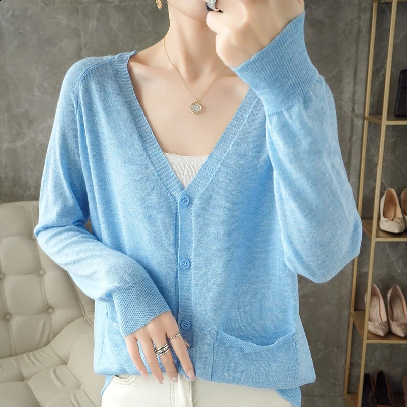 Fashion Casual Wool womens cardigan Sweater Women VNeck Solid Color Long Sleeve 240722