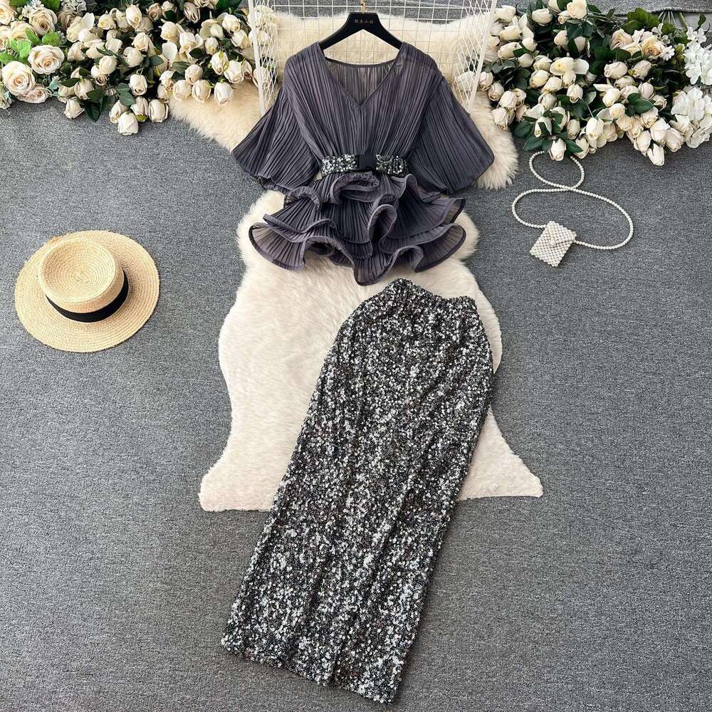 French Light Luxury and Socialite Style Set with Waistband Ruffled Edge Pleated Shirt+sequin Wrapped Hip Half Length Skirt Short Oversize Dress SKINNY