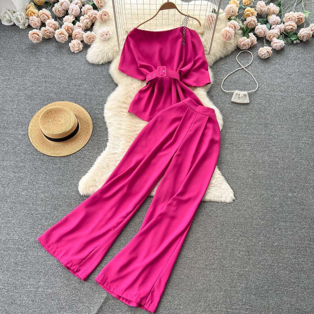 Light Mature Style Royal Sister Summer New One Shoulder Top Versatile Wide Leg Pants Two Piece Set Trendy Chiffon Floral Dress Novelty Sexy Silk Dress