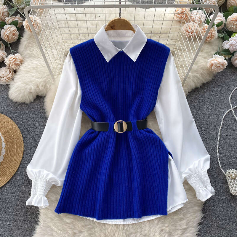 Light Luxury Celebrity Womens Loose Long Sleeve White Shirt Top+split Knitted Tank Top Vest Two Piece Set 0.4kg Sexy Dress Short Temperament Sexy Deni