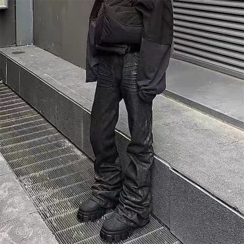 HOUZHOU High Street darkwear Flare Jeans for Men Y2k Pantalones Hombre Leather Pants Oversized Denim Trousers Brushed Sparkling 240722