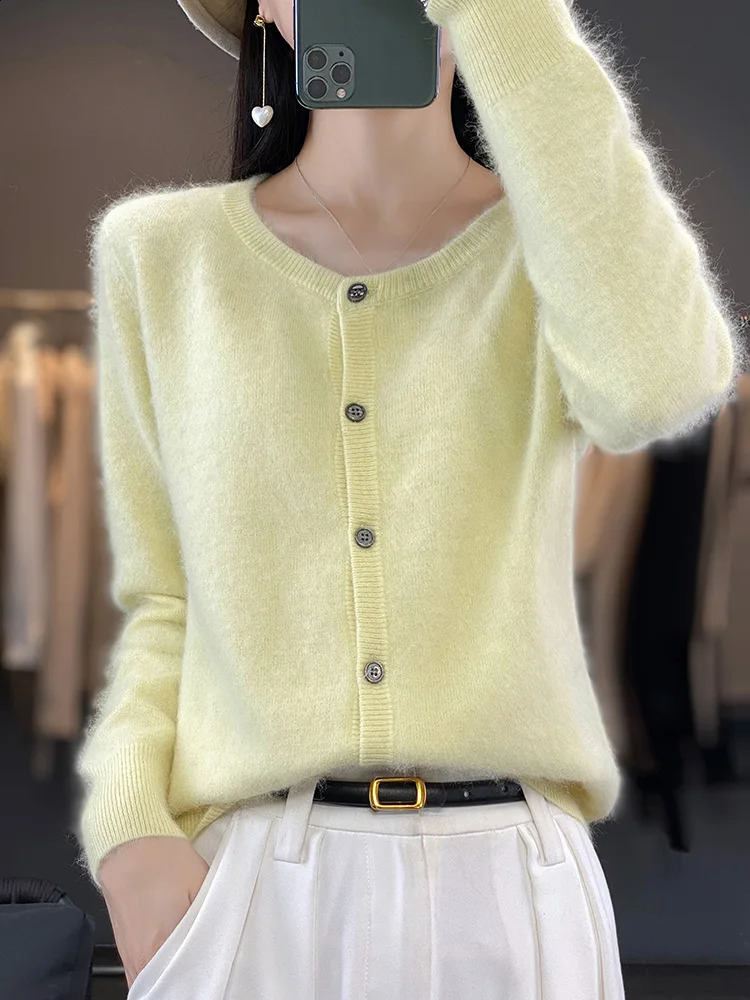 Aliselect womens cardigan wool sweater super warm pure mink cashmere Oneck loose fitting clothing solid color knitted top 240812