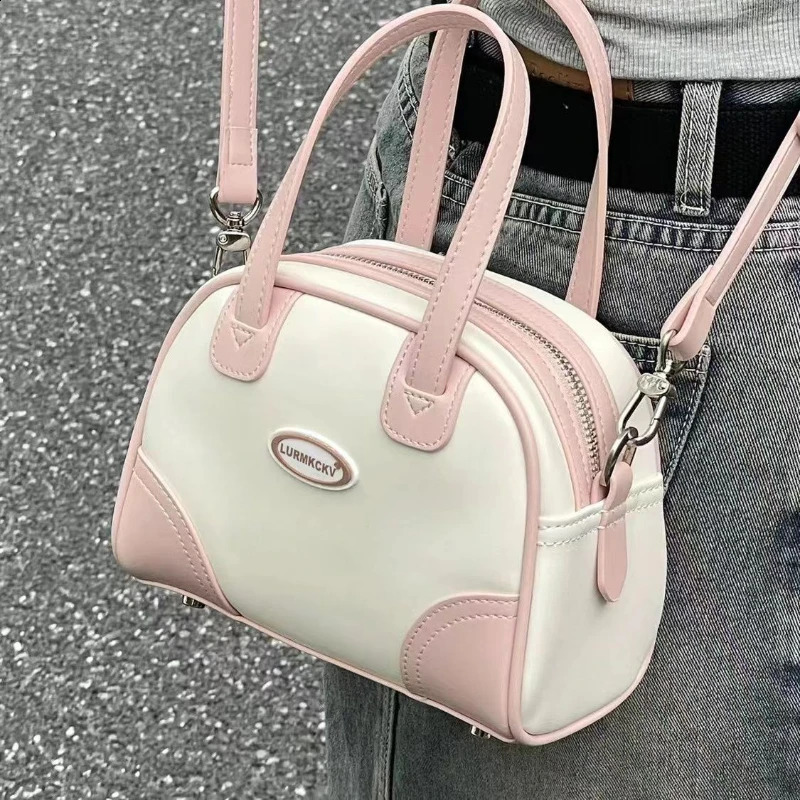 Xiuya Womens Cute Handbag Pu Leather Letter Pink and White Boston Cross Bag Retro Elegant Bowling Shoulder 240723Zl