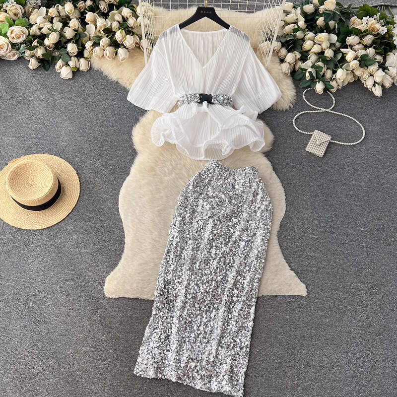 French Light Luxury and Socialite Style Set with Waistband Ruffled Edge Pleated Shirt+sequin Wrapped Hip Half Length Skirt Short Oversize Dress SKINNY