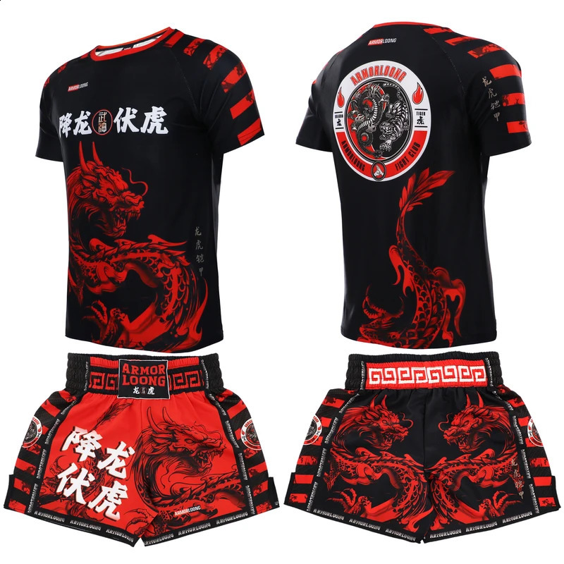 Rashguard Jujutsu Grabbing MMA Shorts Gym Training Muay Thai Pants Taekwondo T-shirt Mens Red Dragon Thai Boxing Box Clothing 240715