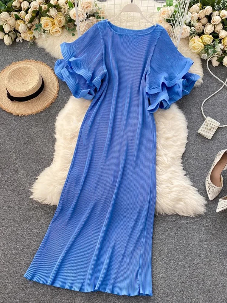 GVUW Pleated Ruffles Short Sleeve Dress Women Round Colalr A Line Solid Color Medium Long Lady Spring Clothing 17G4860 240723