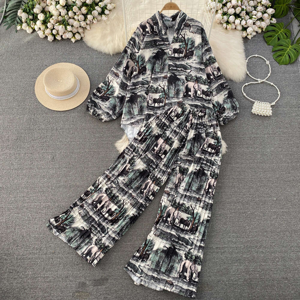 Fashion Loose Lantern Sleeved Printed Front Short Back Long Shirt Two-piece Set of Pleated Wide Leg Pants Short Novelty Sexy Lace Dress High Waist Dre