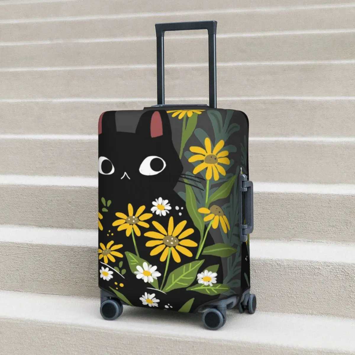 Black Cat Suitcase Cover Flight with flowers Fun Luggage Supplies Business ProtectorXJ240723