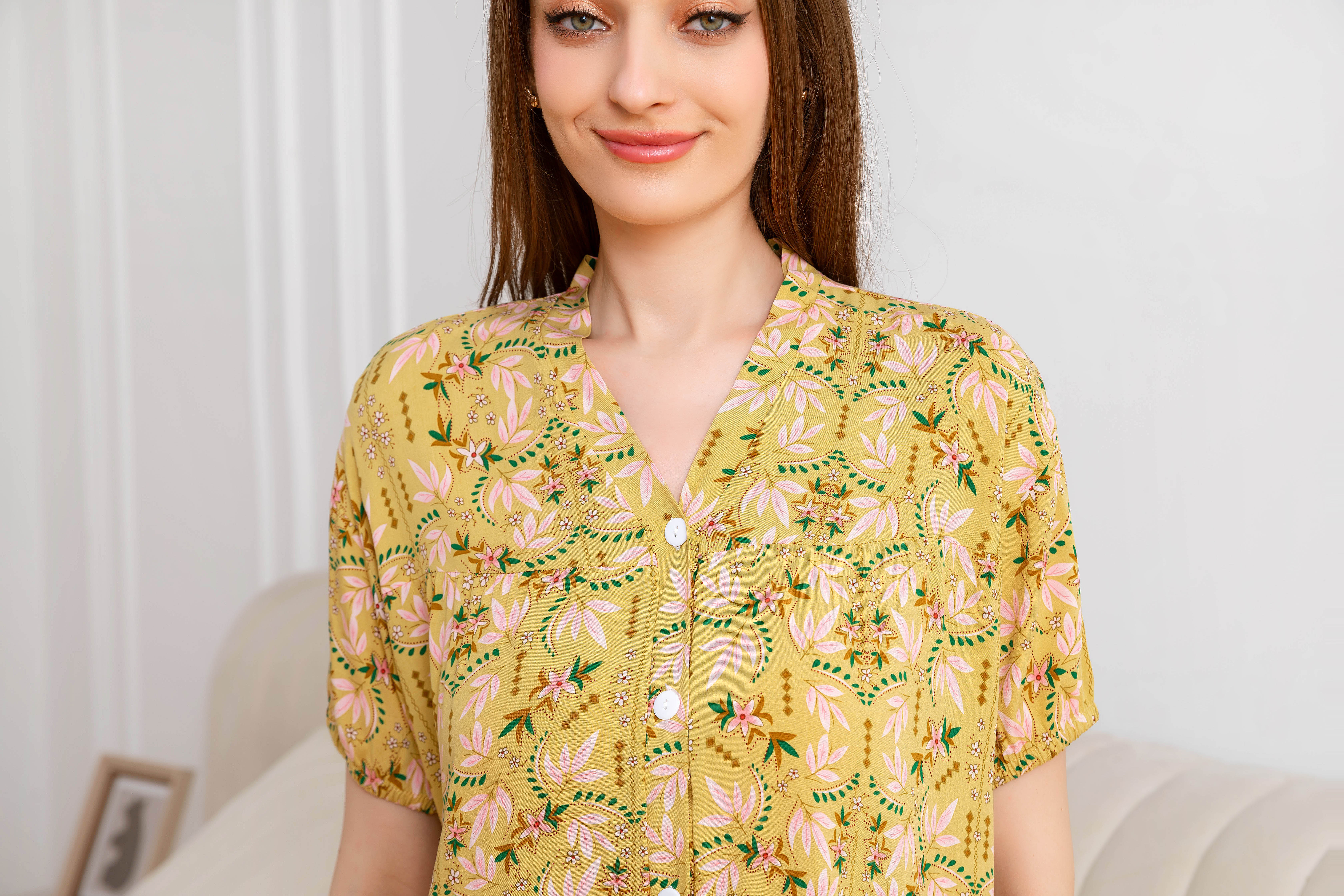 Women's home clothes, pajamas, yellow background, pink leaf shorts set D203