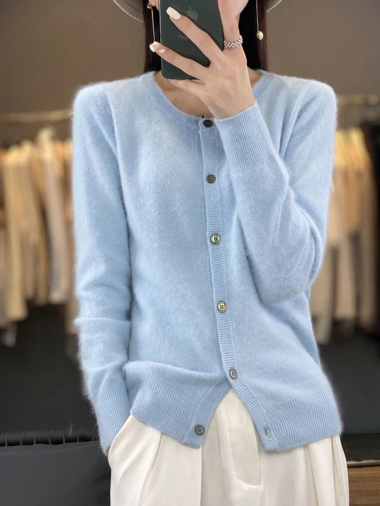 Aliselect womens cardigan wool sweater super warm pure mink cashmere Oneck loose fitting clothing solid color knitted top 240812
