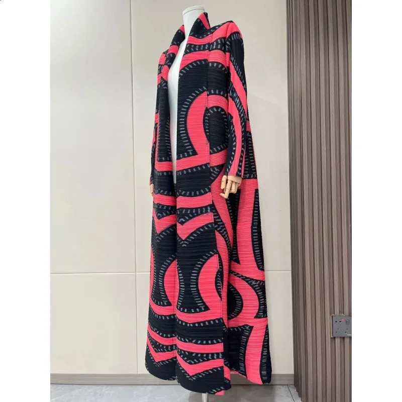 YUDX Streetwear Striped Print Pleated Long Coat Women Contrast Color Loose Belt Gathered Waist Windbreaker 240716