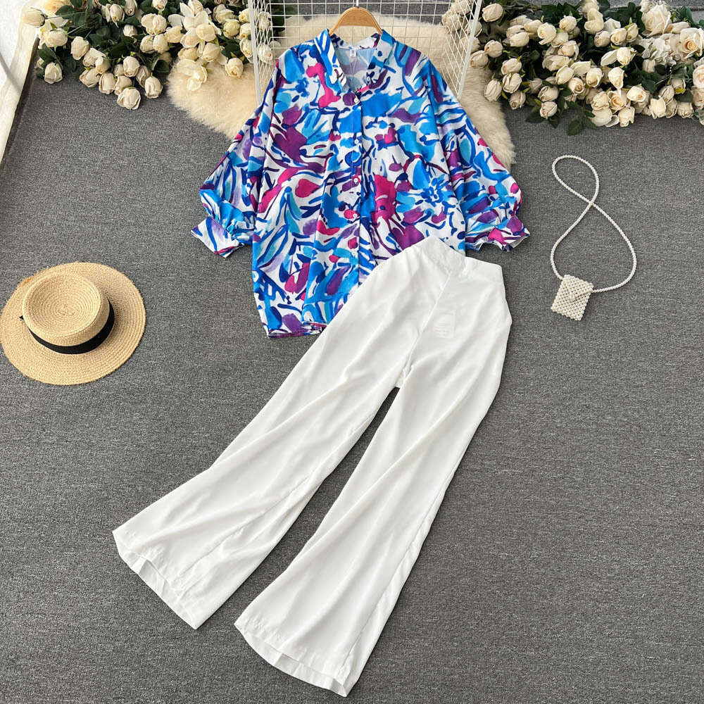 Instagram Style Printed Shirt Wide Leg Pants Two-piece for Autumn New High-end Commuting Professional Set Bifurcated Loose Pregnant Womens Dress SKINN