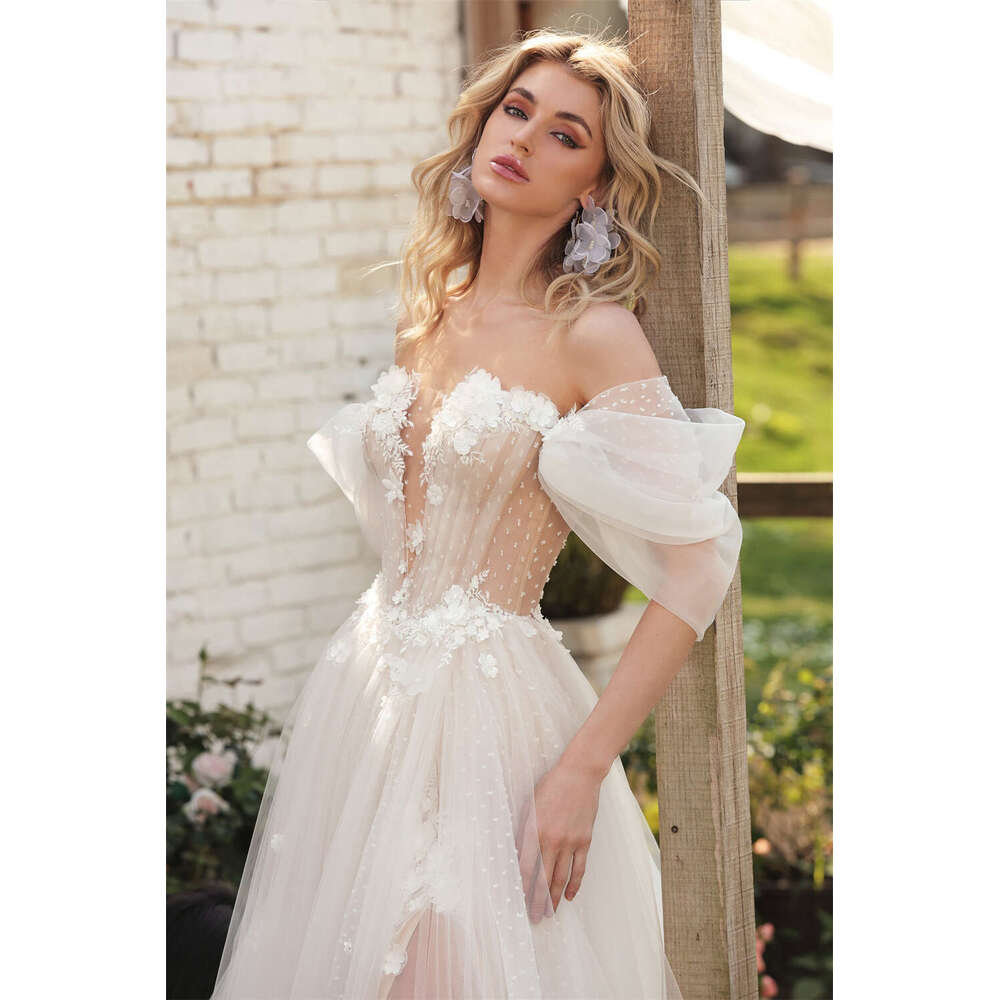 Shiny Off The Shoulder V-neck 3d wer A e Wedding Dresses Side Slit Custom Made Formal Bridal Grown 2024 Rode De Morrie