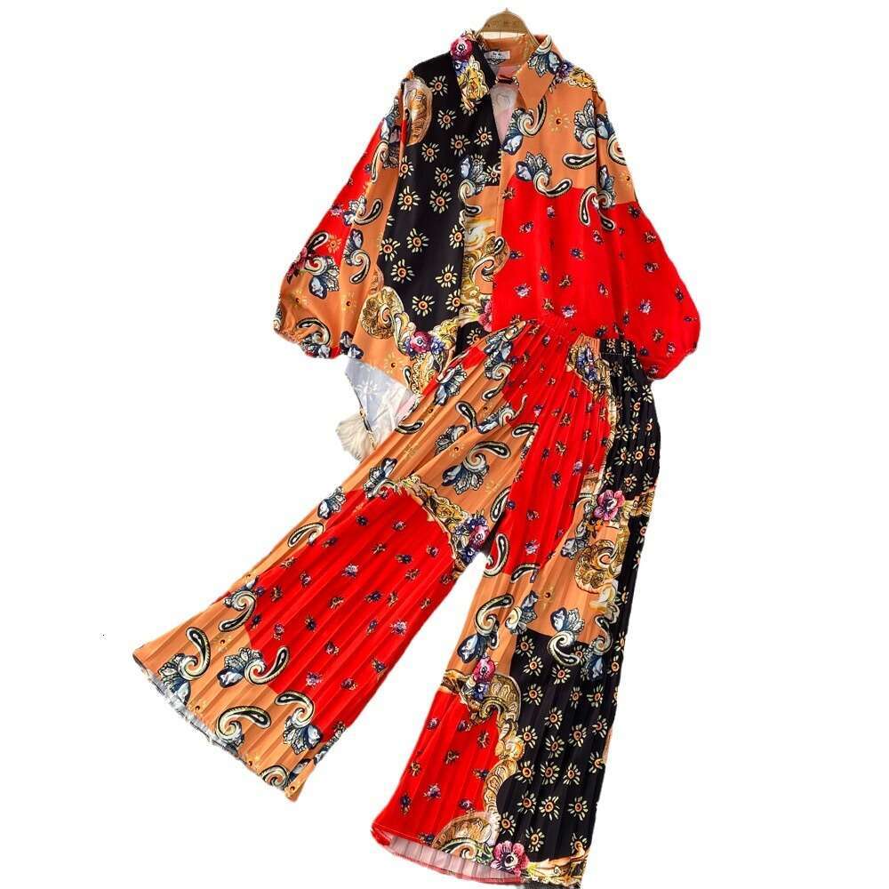 Fashion Loose Lantern Sleeved Printed Front Short Back Long Shirt Two-piece Set of Pleated Wide Leg Pants Short Novelty Sexy Lace Dress High Waist Dre