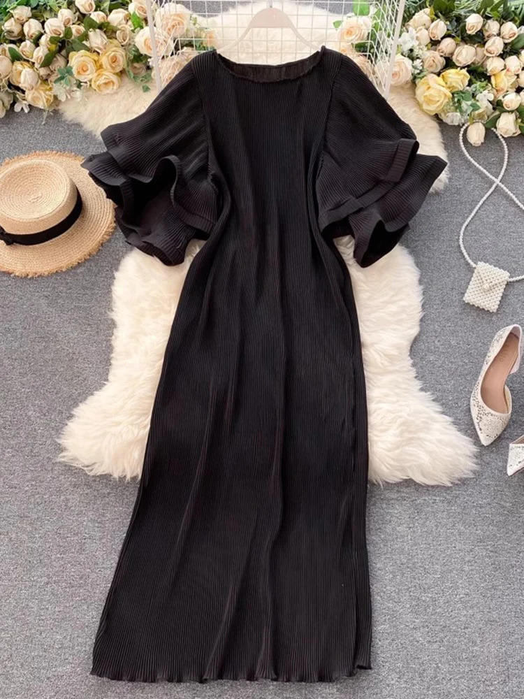 GVUW Pleated Ruffles Short Sleeve Dress Women Round Colalr A Line Solid Color Medium Long Lady Spring Clothing 17G4860 240723