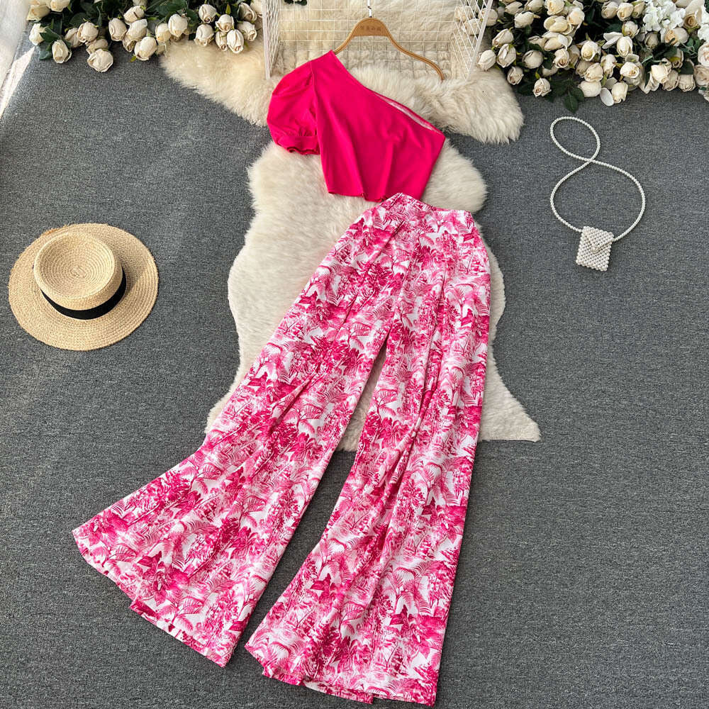 Spring/summer Spicy Girl Sexy Set Womens Diagonal Shoulder Bra Short Top+hanging Fragmented Wide Leg Pants Two Loose Self-cultivation Short Oversize D
